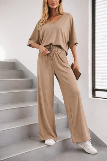 (New)Beige V Neck plain Half Sleeves night suit with plazo pajama