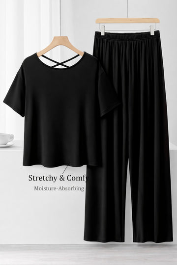 (New) Black Round Neck with Matching lace Half sleeves with plazo night suit