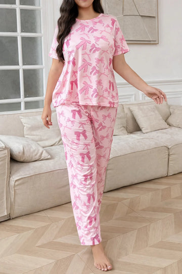 Pink All over Bow Half Sleeves Printed Night suit For her (RX-417)