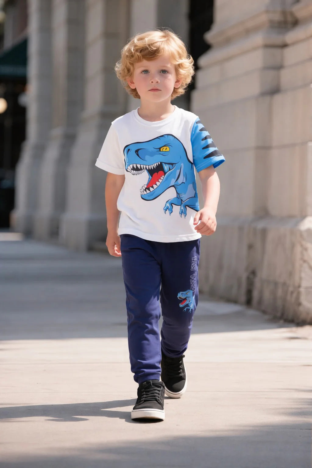 White with BIG blue Dinosour with blue printed pajama kids suit (RX-440)