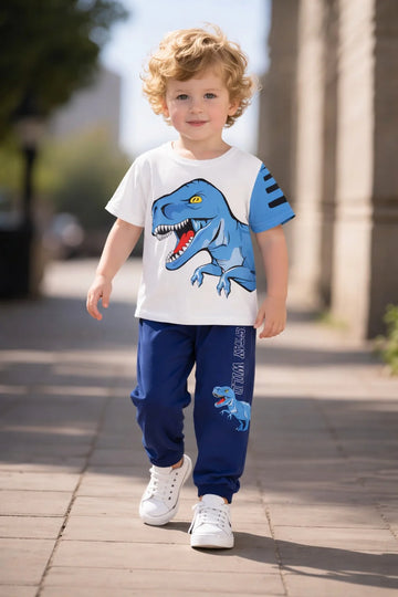 White with BIG blue Dinosour with blue printed pajama kids suit (RX-440)