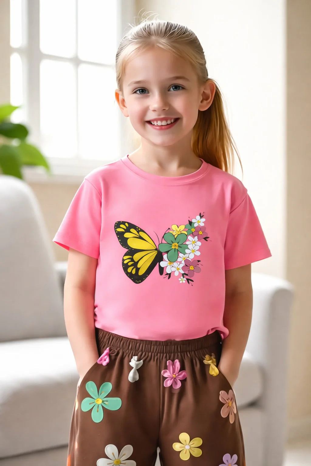Pink multicolour big butterfly T shirt with brown Flowers printed pjs (RX-439)