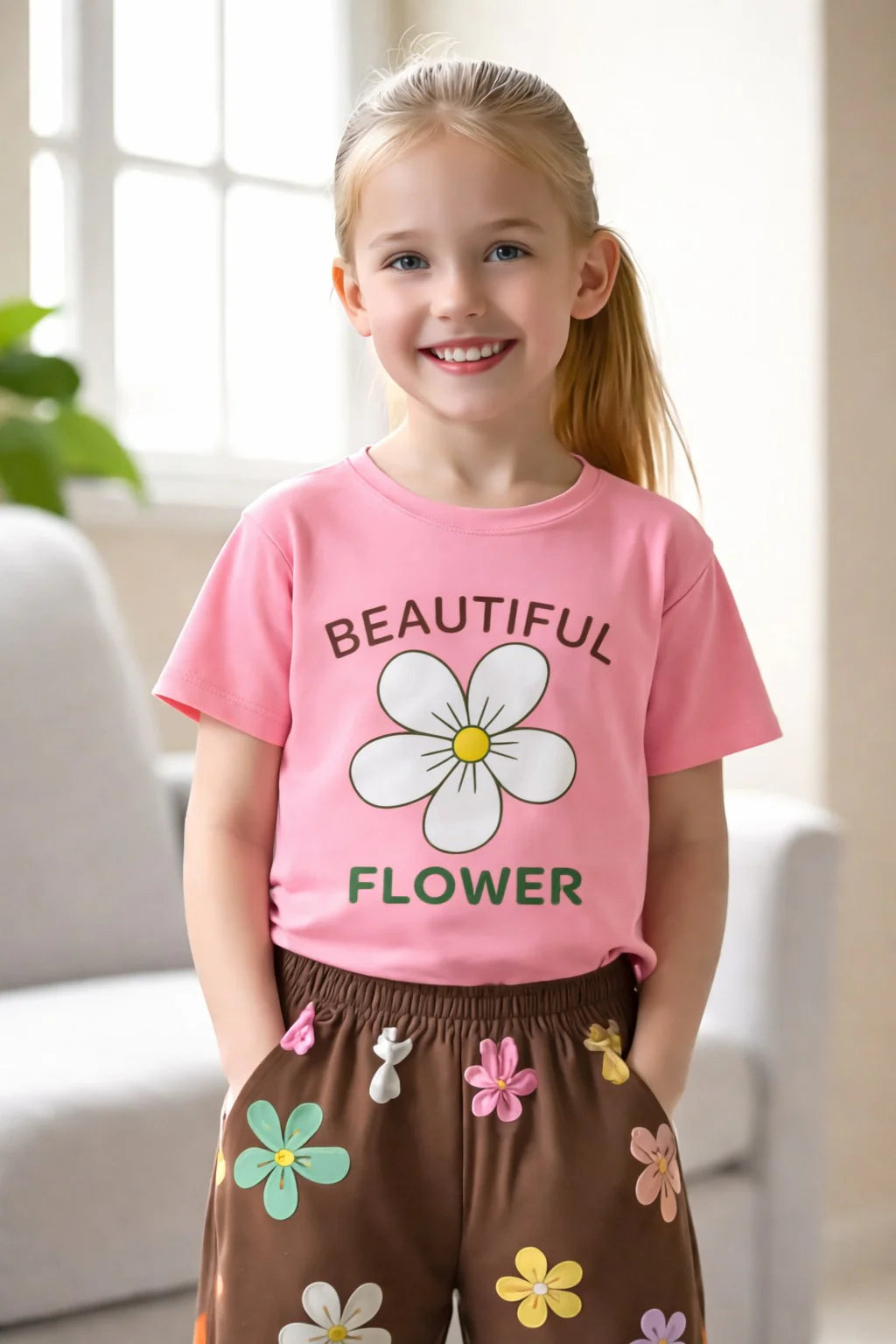 Pink multicolour big Flower T shirt with brown Flowers printed pjs (RX-439)