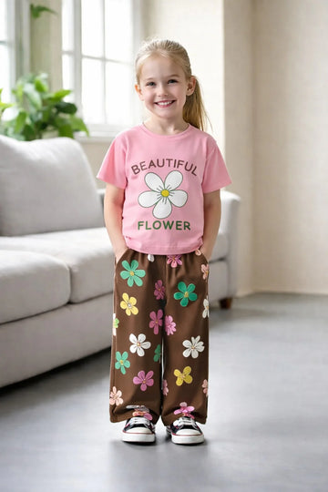 Pink multicolour big Flower T shirt with brown Flowers printed pjs (RX-439)
