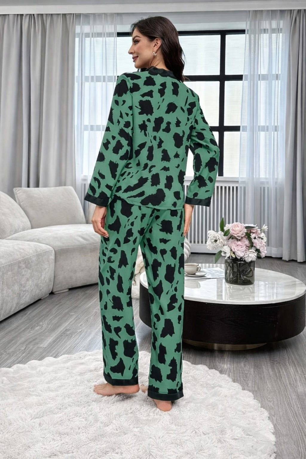 Dark Green with cheetah printed Front button Style night suit For her (RX-442)