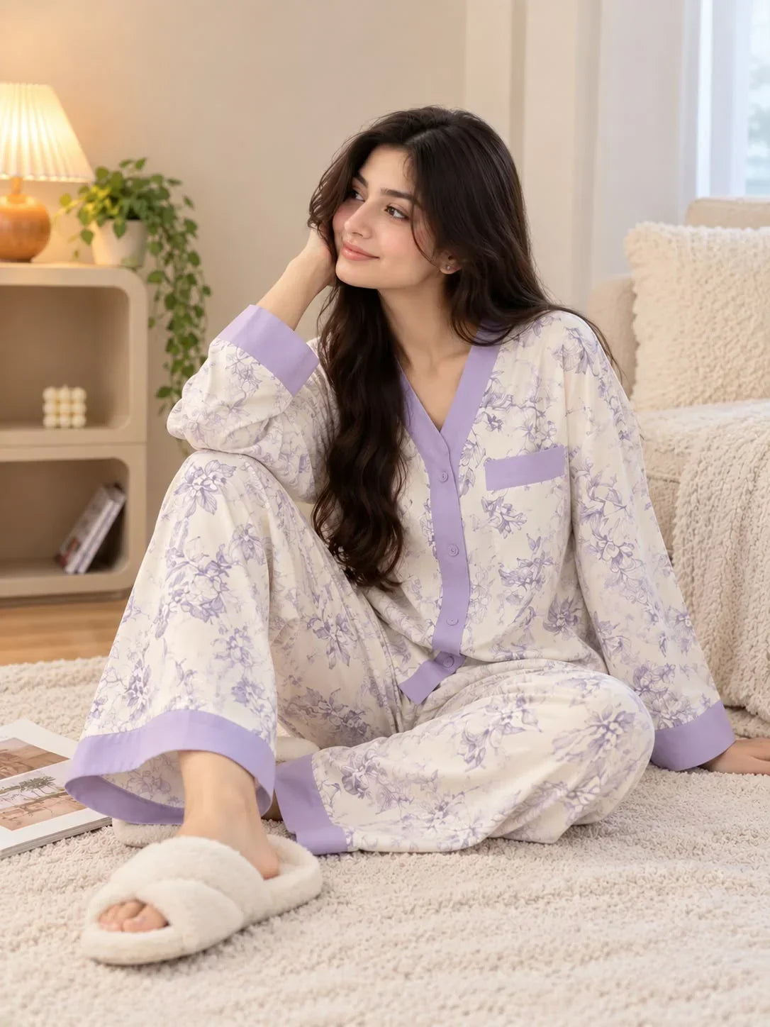Of White with Lavender Floral Printed V-Neck Button PJ Set For Her (RX-588)