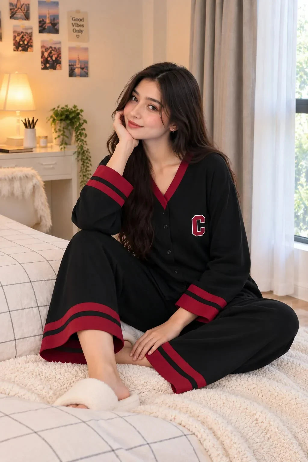 Black with Maroon Classic Printed V-Neck Button PJ Set For Her (RX-590)