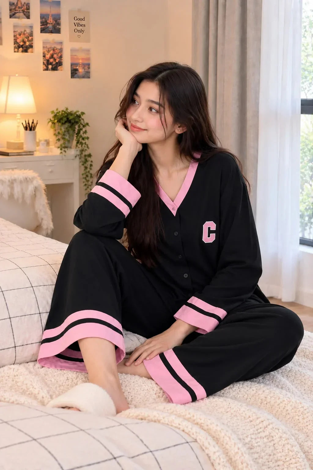 Black with Pink Classic Printed V-Neck Button PJ Set For Her (RX-591)