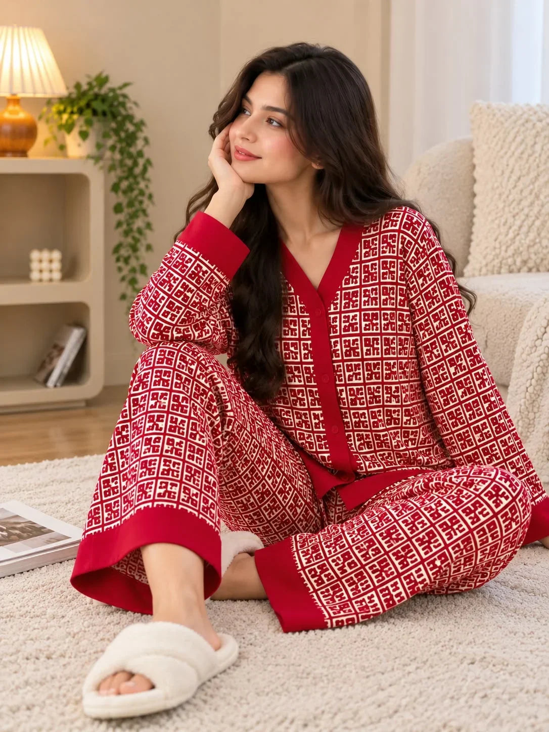 Red Signature Monogram Printed Button PJ Set For Her (RX-586)