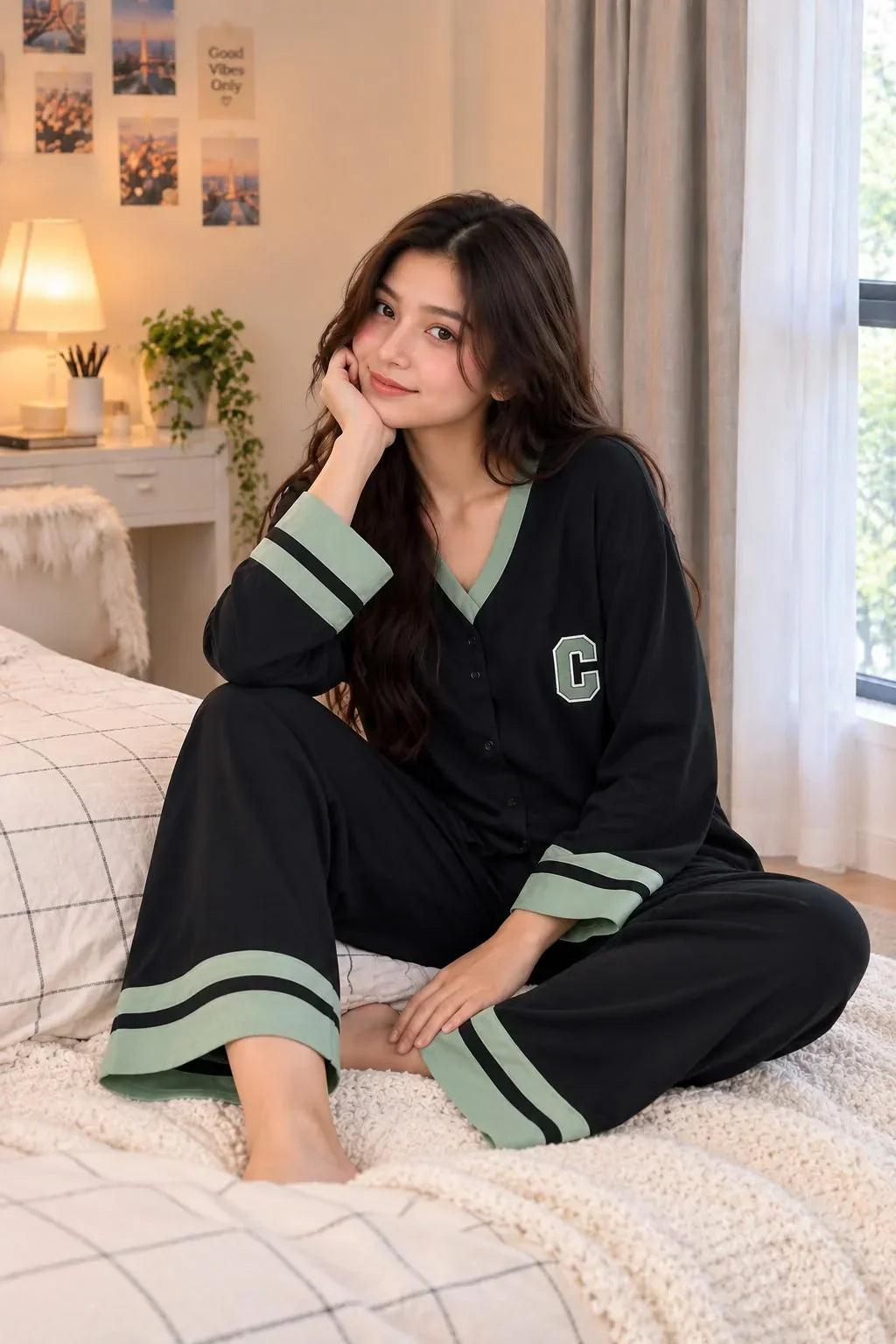 Black with Green Classic Printed V-Neck Button PJ Set For Her (RX-589)