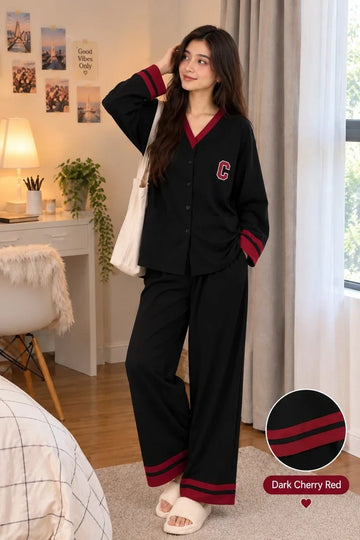 Black with Maroon Classic Printed V-Neck Button PJ Set For Her (RX-590)