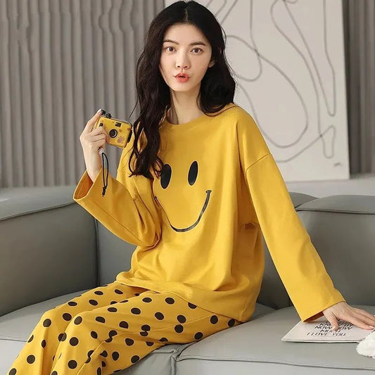 Yellow Smile Print Full Sleeves T-shirt With Dotted Pajama Night Suit (RX-38)