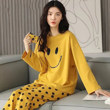 Yellow Smile Print Full Sleeves T-shirt With Dotted Pajama Night Suit (RX-38)