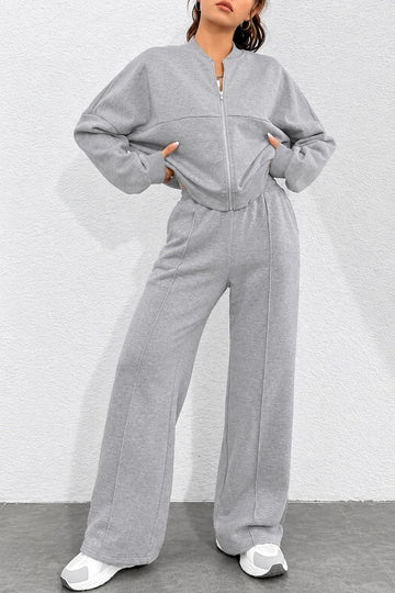 Light Grey Zipper Fleece Wide Leg Track Suit (RX-623)