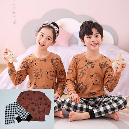 Baby or Baba Brown Dog with Check Pajama Print Full Sleeves Night Suit for Kids (1 Pcs) (RX-126)