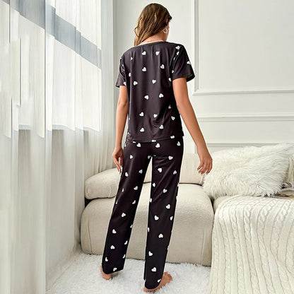 Black With White Hearts Print Half Sleeves T-shirt And Trouser Suit (RX-44)
