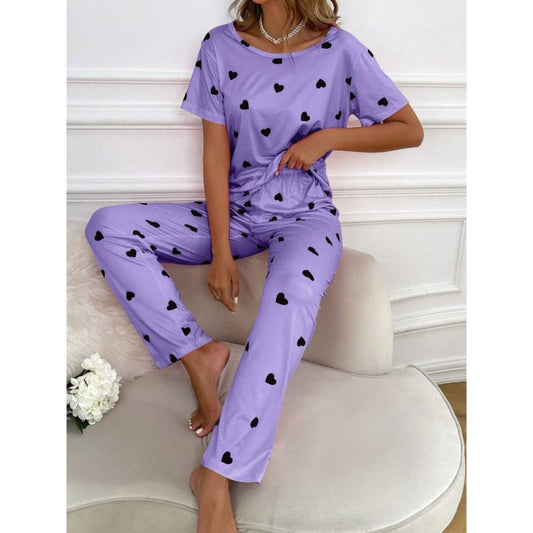 Purple With Black Hearts Print Half Sleeves T-shirt With Hearts Printed Trouser Suit (RX-186)