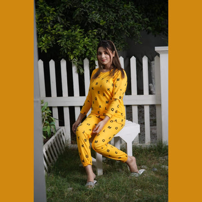 Yellow Alphabets print Full Sleeves Night Suit for her (RX-32)