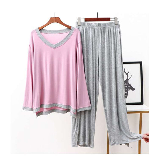 Pink with Hazil Grey V Neck with Hazil Grey Contrast Palazzo Pajama Full Sleeves Night Suit for Her (RX-76)
