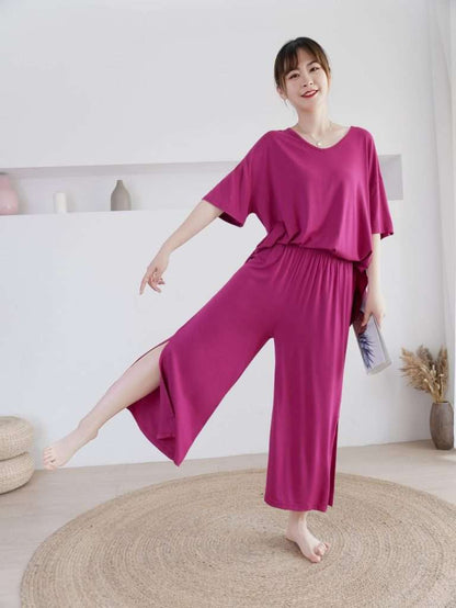Plain Shocking Pink V Neck Quarter Sleeves with Cut Style Pajama Night Suit for Her (RX-83)