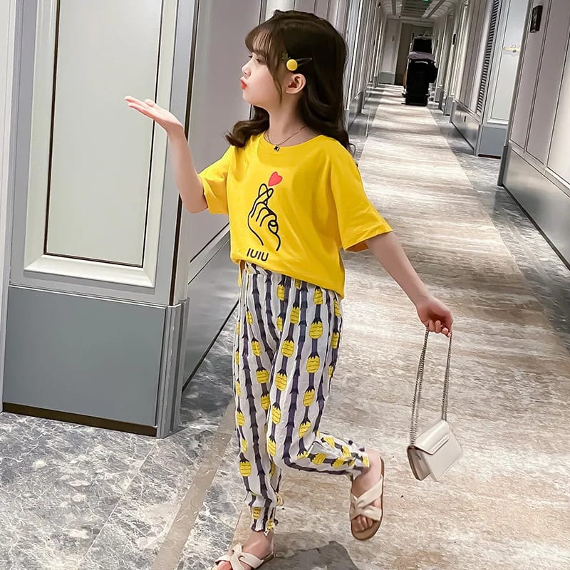 Baby Or Baba Yellow Hand Print Half Sleeves T-shirt With Pineapple Printed Pajama Night Suit for Kids (1 Pcs) (RX-176)