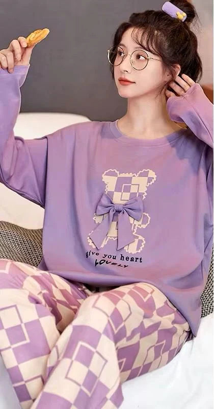 Lilac Give your heart Lovely Full Sleeves with Printed Pajama The Ultimate Dream Wear Sleep Suit (RX-334)