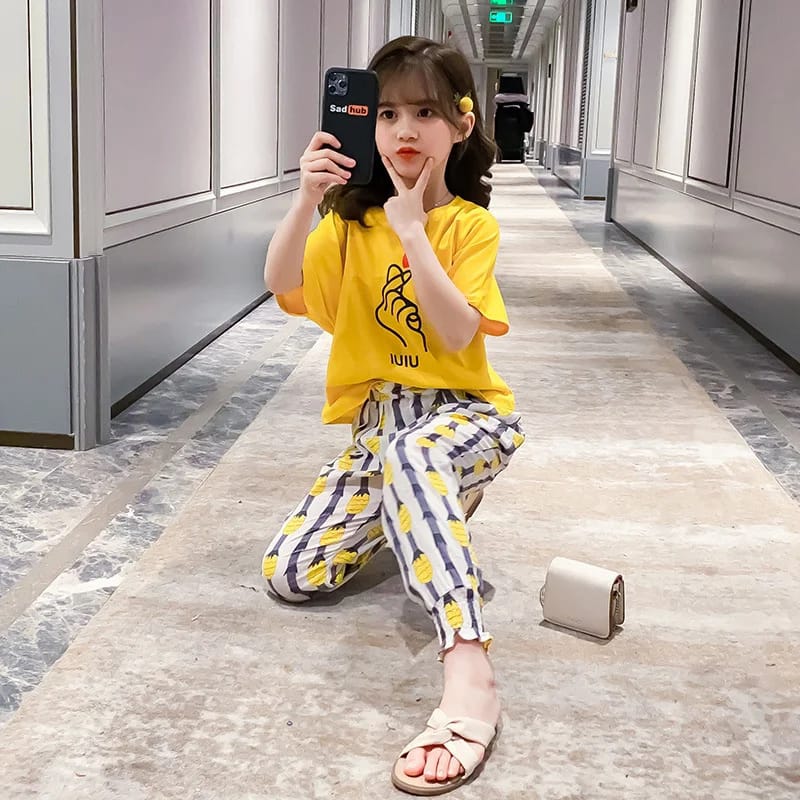 Baby Or Baba Yellow Hand Print Half Sleeves T-shirt With Pineapple Printed Pajama Night Suit for Kids (1 Pcs) (RX-176)