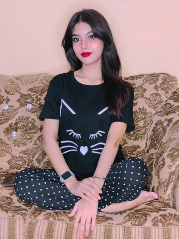 Black Meow Print Half Sleeves T-shirt With Dotted Pajama Night Suit (RX-02)