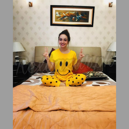 Yellow Smile with Dotted Printed Pajama Half Sleeves Night Suit for her (RX-17)