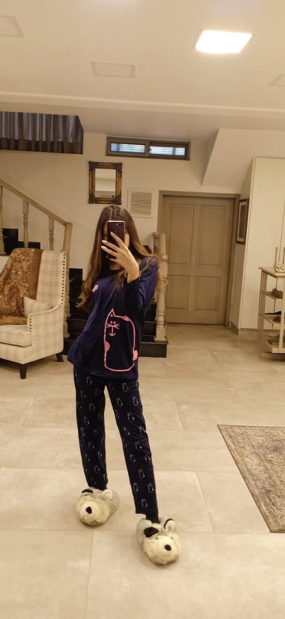 Navy Blue with Pink Cat print Full Sleeves Night Suit for her (RX-18)