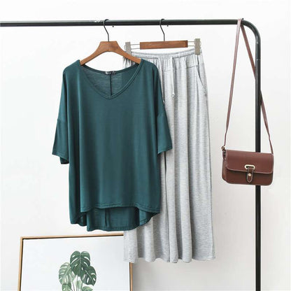 Plain Green V Neck T shirt with Grey Palazzo Pajama Night Suit for Her (RX-85)