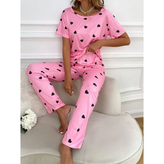 New Pink With Black Hearts Print Half Sleeves T-shirt With Hearts Printed Trouser Suit (RX-187)