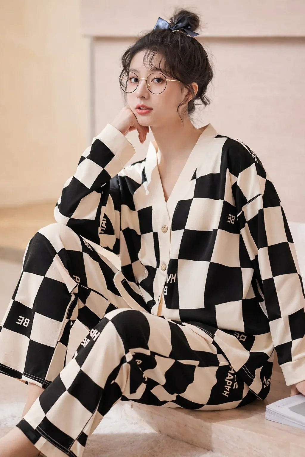 Off White with Black Check V-Neck Button Printed Pj Set For Her (RX-449)