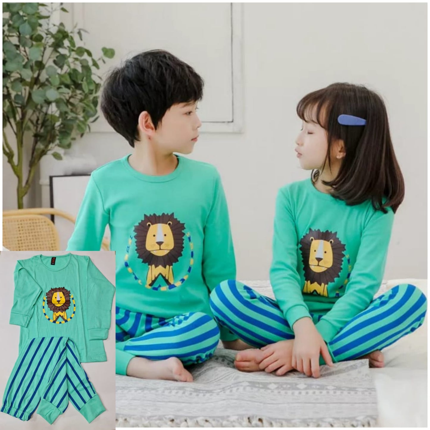 Baby or Baba Sea green Lion Print Full Sleeves Night Suit for Kids (1 Pcs) (RX-122)