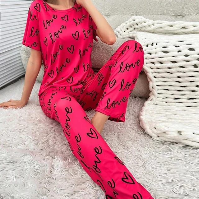 Shocking Pink Love Printed T-shirt And Trouser Suit (RX-148)
