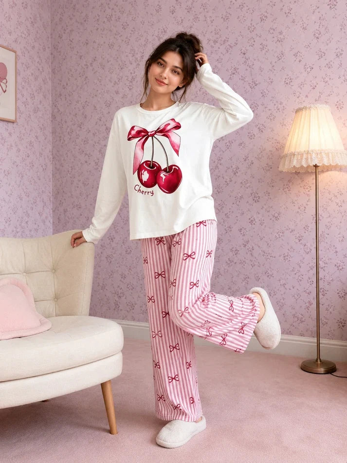 Sweet Cherry Printed Full Sleeves Tshirt with Bow Printed Trouser The Ultimate Dream Wear Sleep Suit (RX-528)