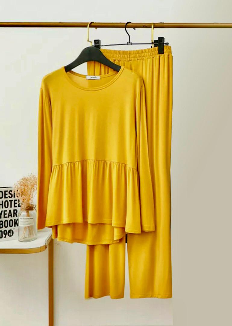 Plain Yellow Frill Style with Palazzo Style Pajama Full Sleeves Suit for Her (RX-51)