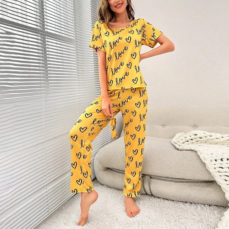 Yellow Love Printed T-shirt And Trouser Suit (RX-149)