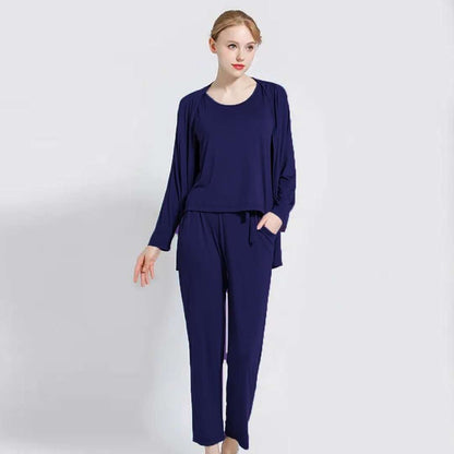 Plain Navy Blue Three Pcs Full Sleeves Night Suit for her  (RX-138)