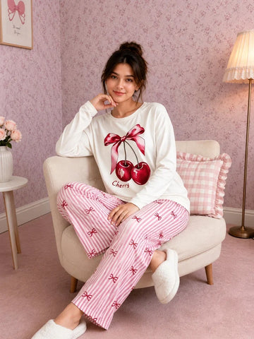 Sweet Cherry Printed Full Sleeves Tshirt with Bow Printed Trouser The Ultimate Dream Wear Sleep Suit (RX-528)