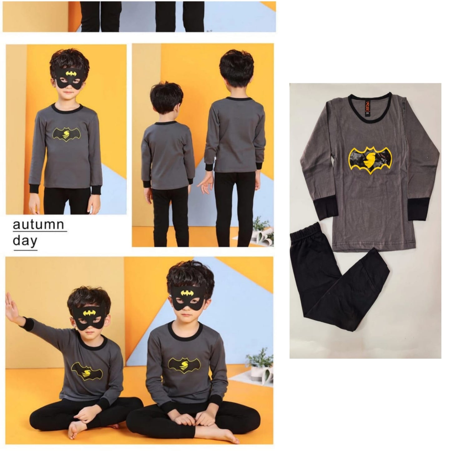 Baby or Baba Black and Grey Batman Logo Print Full Sleeves Night Suit for Kids (1 Pcs) (RX-121)