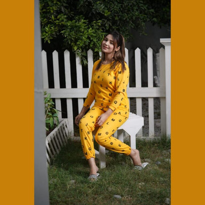 Yellow Alphabets print Full Sleeves Night Suit for her (RX-32)