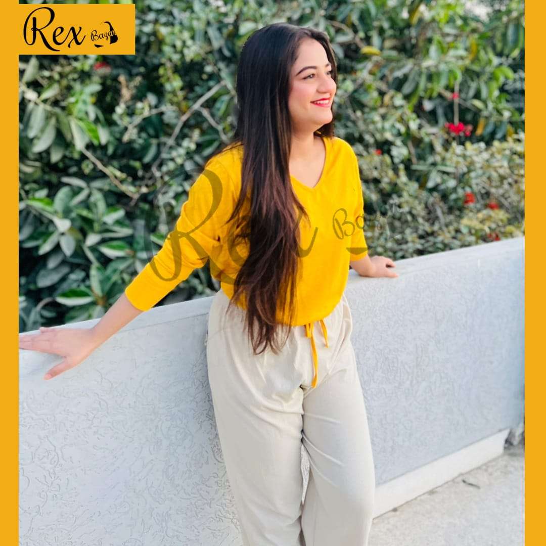 Plain Yellow V neck with Skin Palazzo Style Pajama Full Sleeves Suit for Her (RX-63)