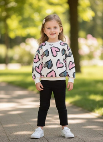 White With Pink And Black Hearts Print Kids track suit (RX-327)