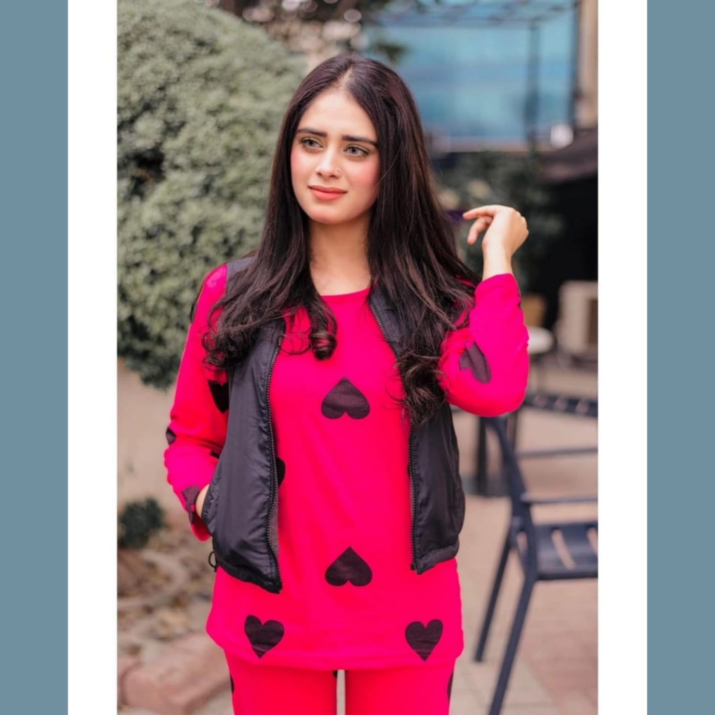 Shocking Pink With Black Big Heart print Full Sleeves Night Suit for her (RX-31)