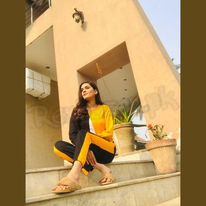 Yellow V Shape Full Sleeves T-Shirt with Panel Pajama Suit for her (RX-139)