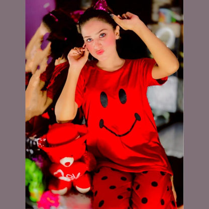 Red Smile with Dotted Style Pajama Half Sleeves Night Suit for her (RX-23)