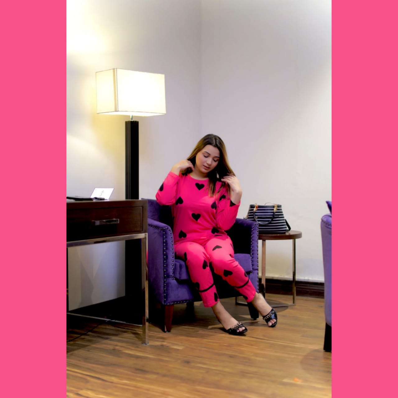 Shocking Pink With Black Big Heart print Full Sleeves Night Suit for her (RX-31)