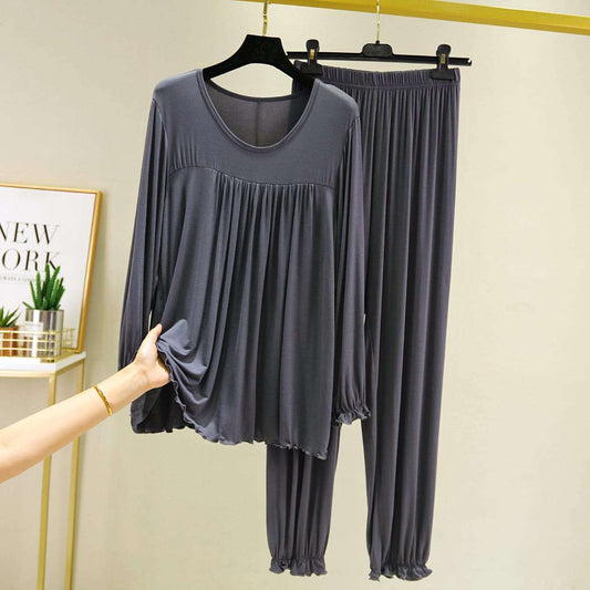 Grey Round Neck Frill Style T Shirt with Palazzo Style Pajama Full Sleeves Suit for Her (RX-71)