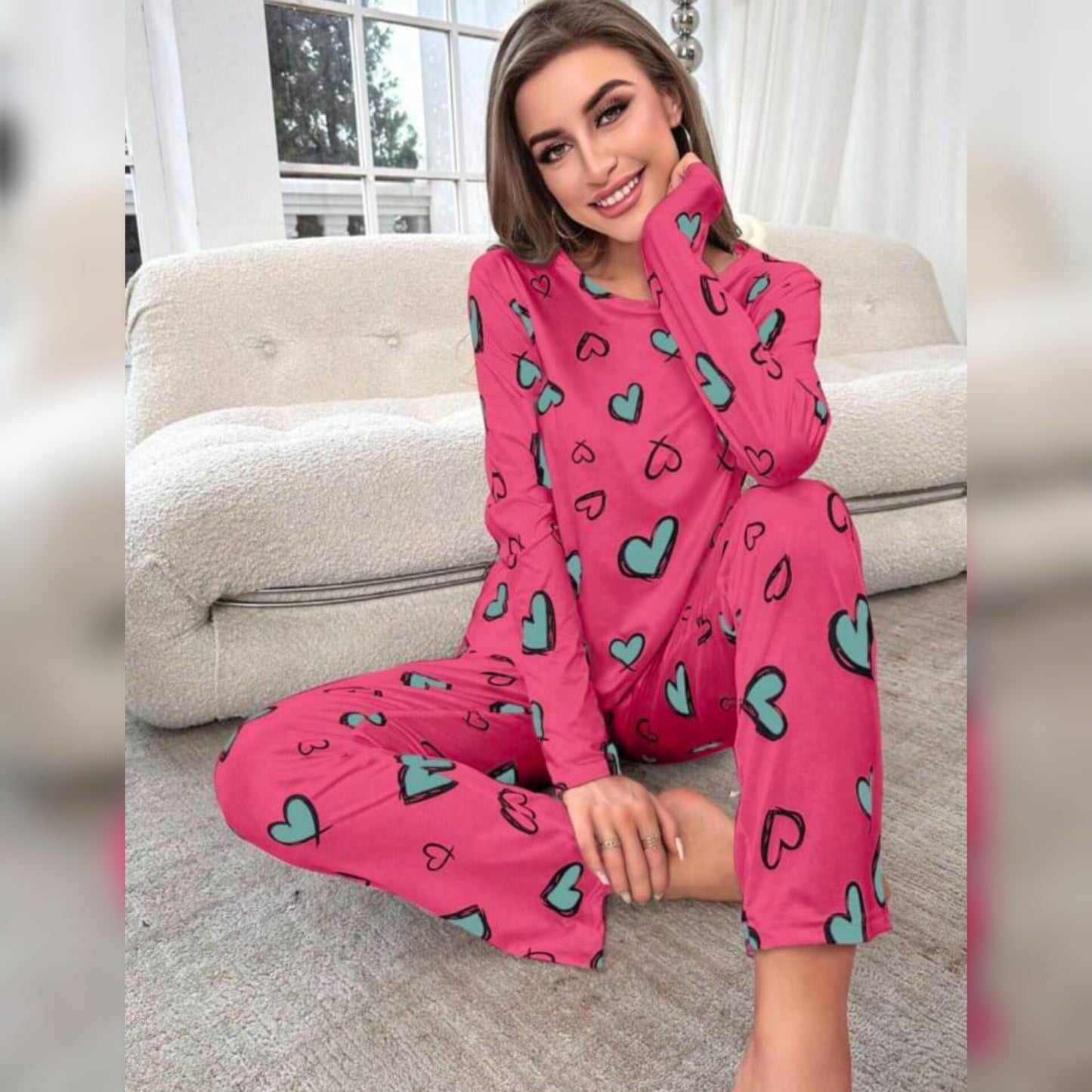 Shocking Pink With Green Herats Print Full Sleeves T-shirt With Hearts Printed Trouser Suit (RX-190)